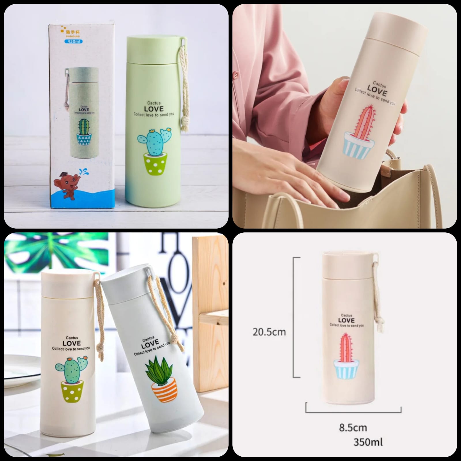 Cute Cactus Glass Water Bottle with Straw & Silicone Sleeve - 500ml