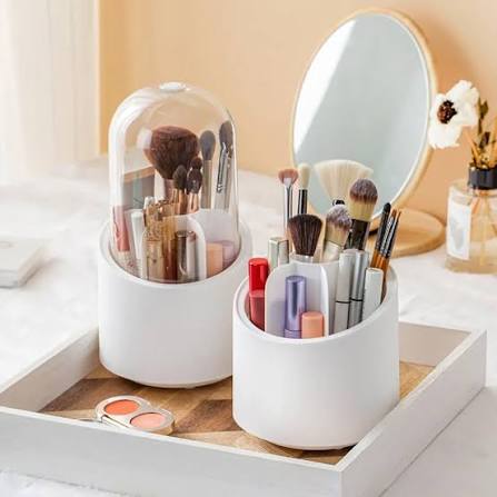 Covered Rotating Makeup Brush Holder with Lid - Dustproof Cosmetic Organizer
