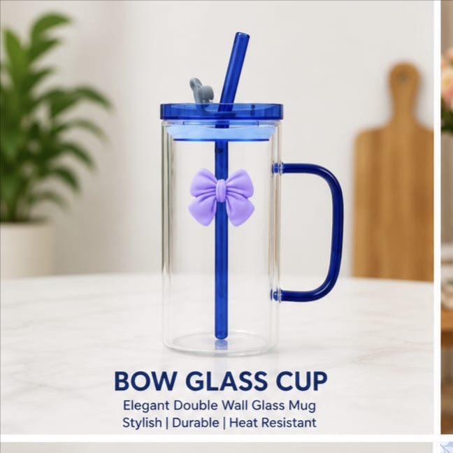 Bow Glass Sipper with Straw - Stylish Reusable Drinkware for Pakistan