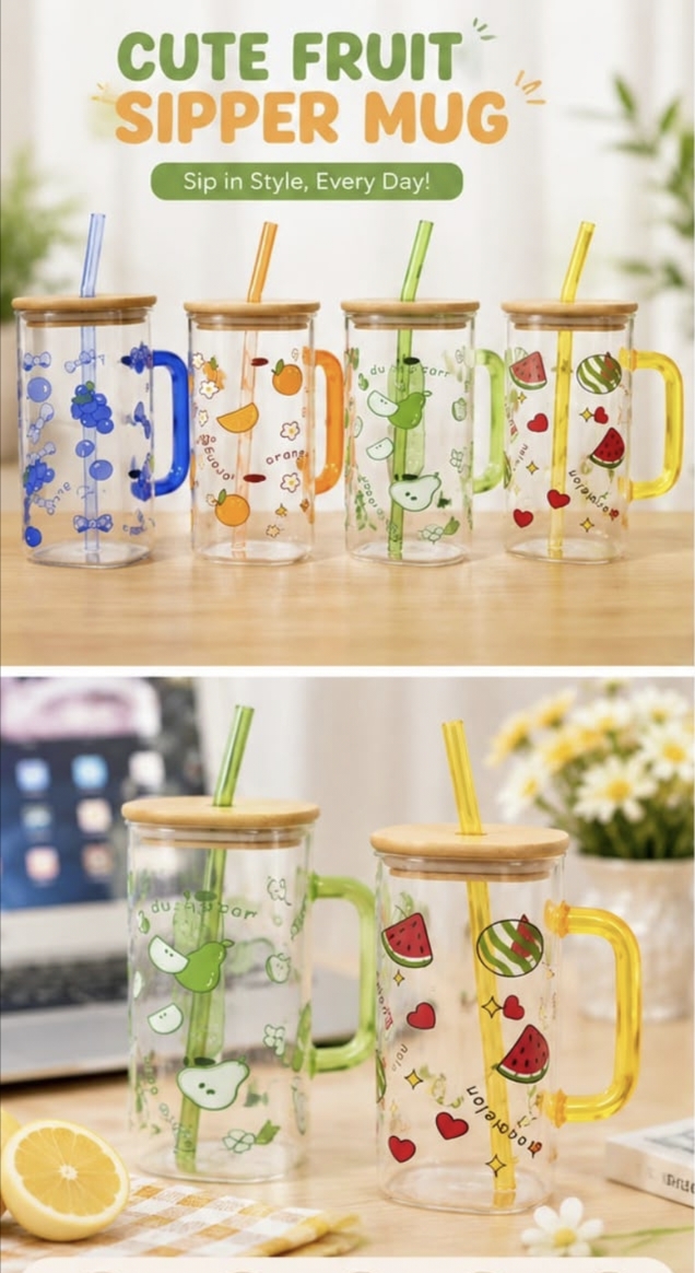 Cute Fruit Design Glass Sipper Bottle with Straw - Kids & Adults Drinkware