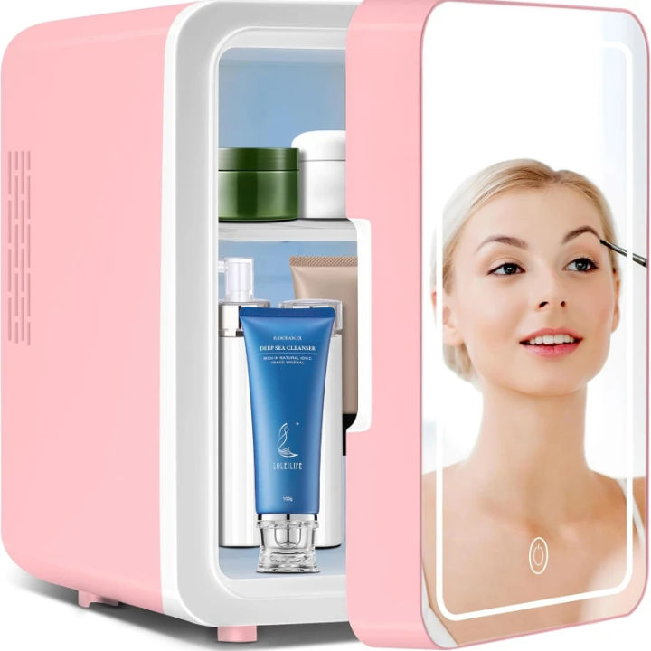 4L Portable Mini Fridge with LED Vanity Mirror - Skincare & Cosmetics Cooler
